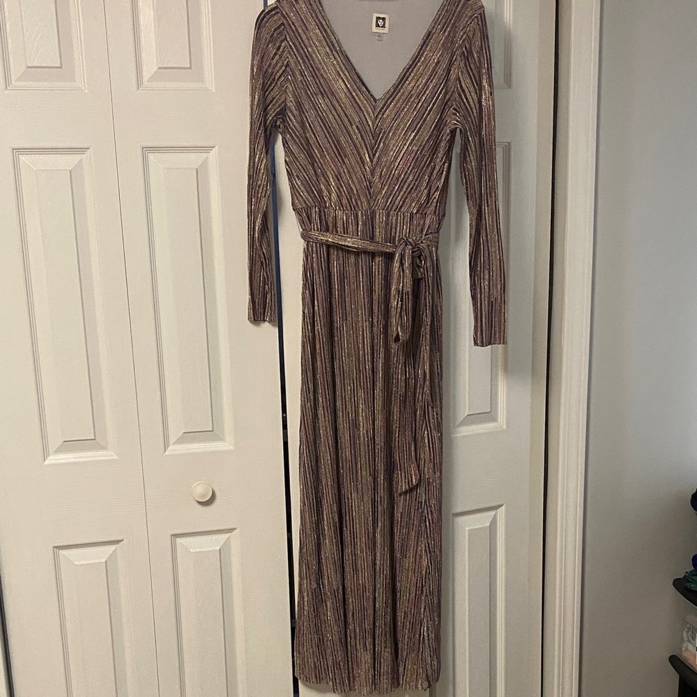 Anne Klein Metallic Striped Wrap Maxi Dress - Gold & Purple